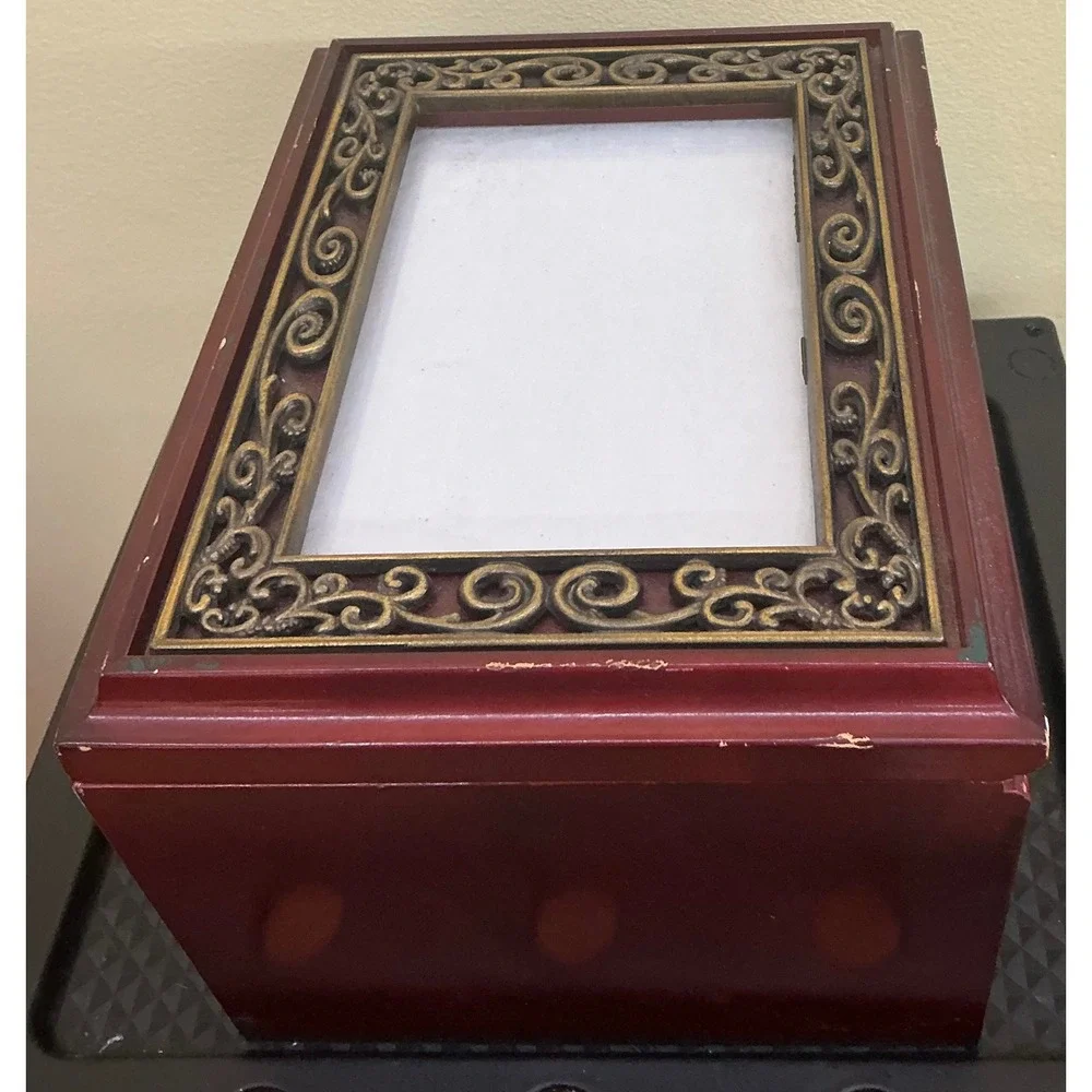 Vintage Wooden Photo Storage Box Ornate Metal Frame Lid Cherry Finish Organizer